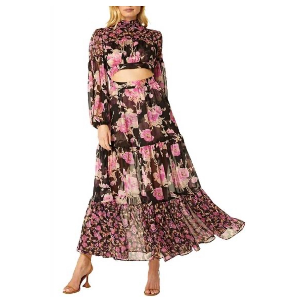 Misa Los Angeles Charlotta Long Sleeve Floral Black and Pink Maxi Dress| Size M